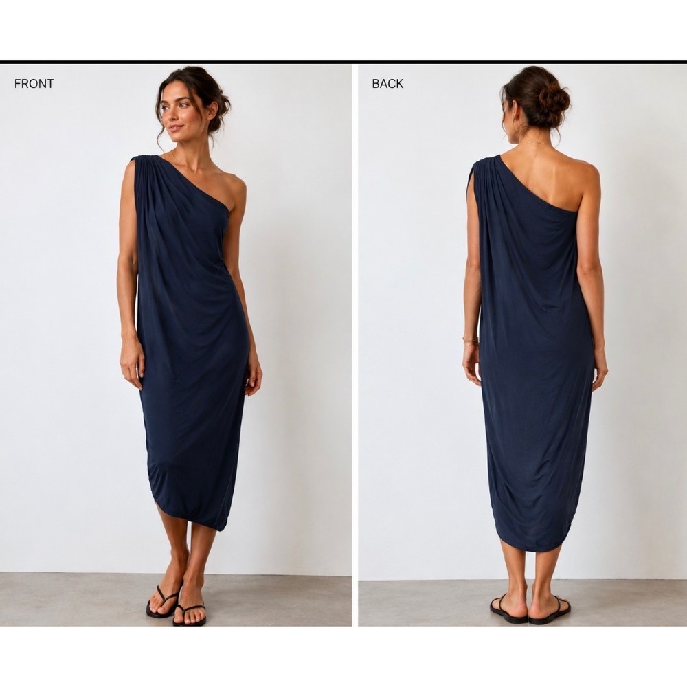 James Perse Asymmetrical One Shoulder Cocoon Dress Navy Blue Cotton Size 2/US M
